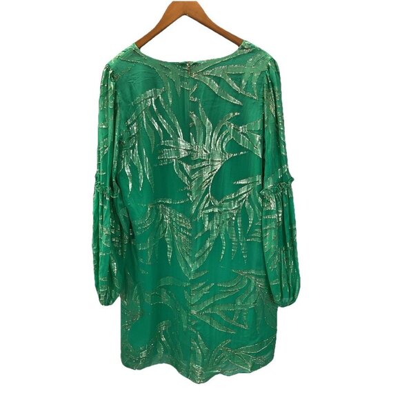 Lilly Pulitzer Green Gold Metallic Silk Long‎ Sleeve Swing Dress Size 14 Festive - Picture 2 of 14